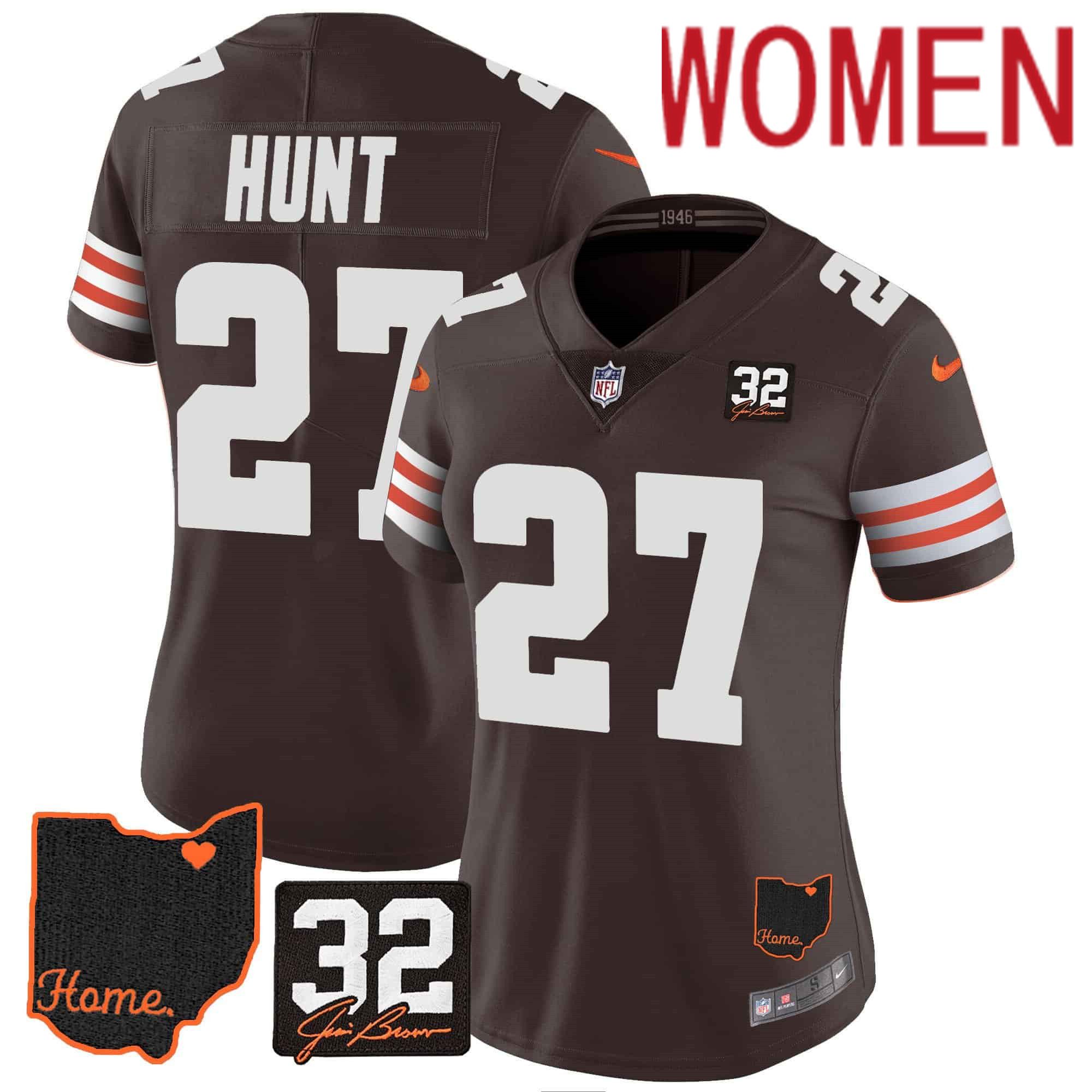 Women Cleveland Browns 27 Hunt Brown Memorial Home Patch 2024 Nike NFL Jersey style 1